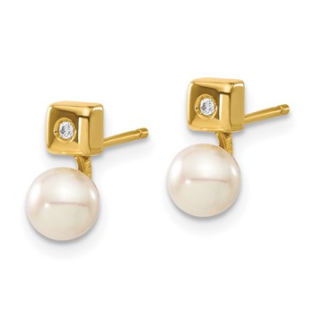 14k Yellow Gold Freshwater Cultured Pearl & CZ Earrings — alternate view