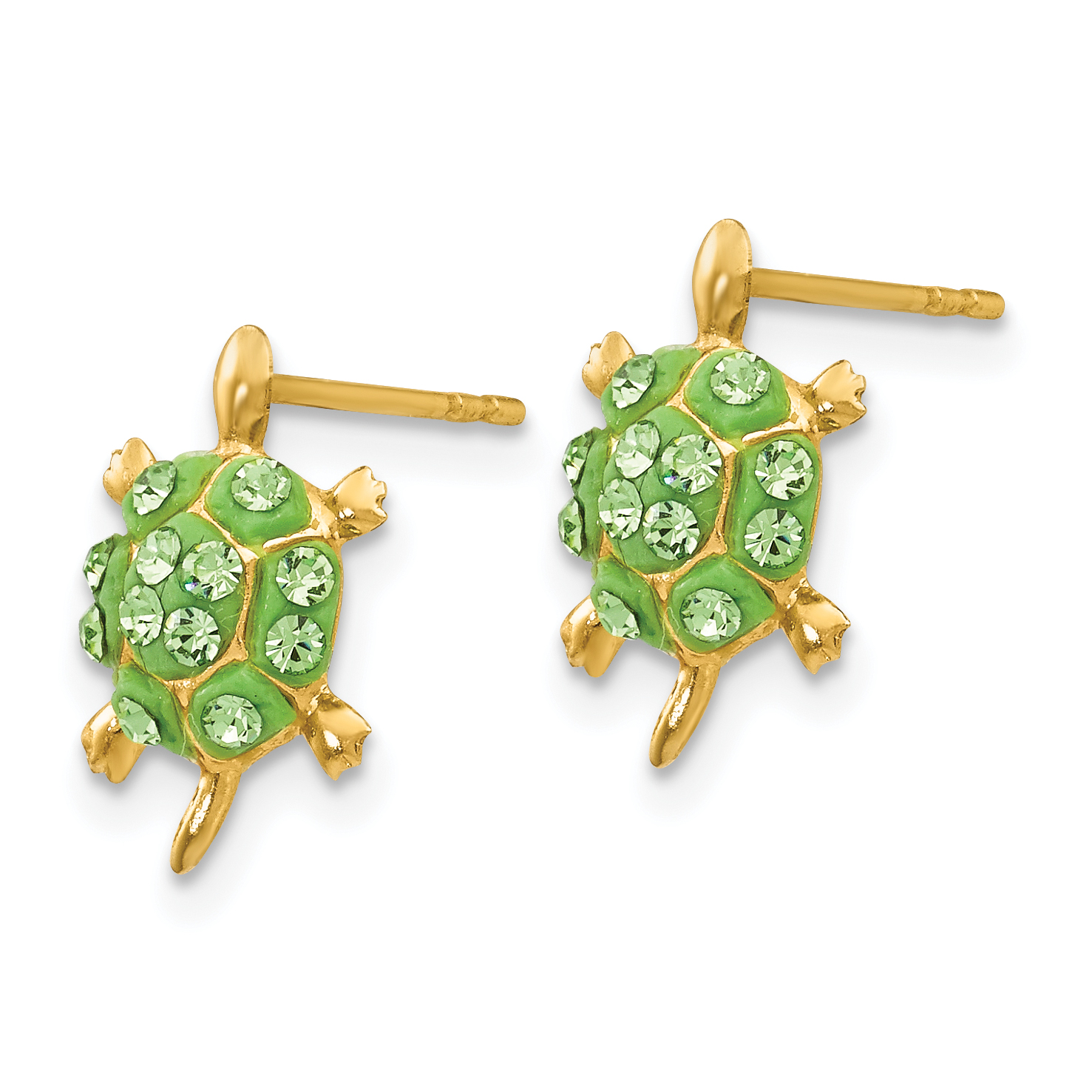 Crystal Light Green Turtle Post Earrings Real 14k Yellow Gold 12x8mm Women's detailed image 2