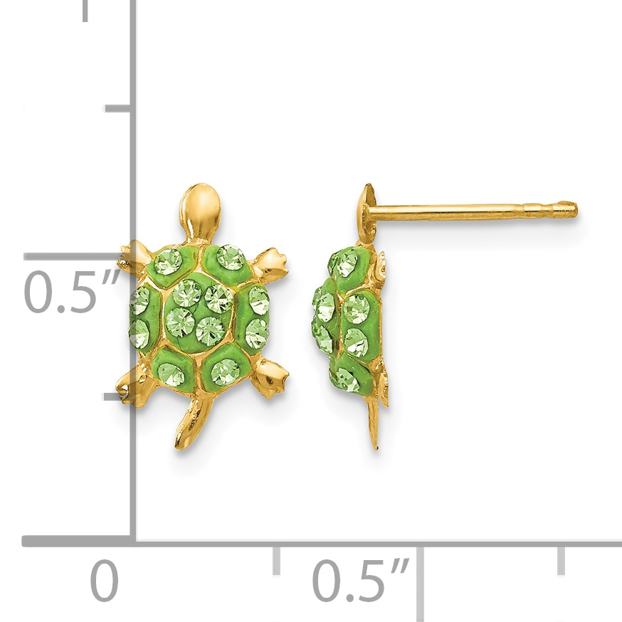 Crystal Light Green Turtle Post Earrings Real 14k Yellow Gold 12x8mm Women's detailed image 4