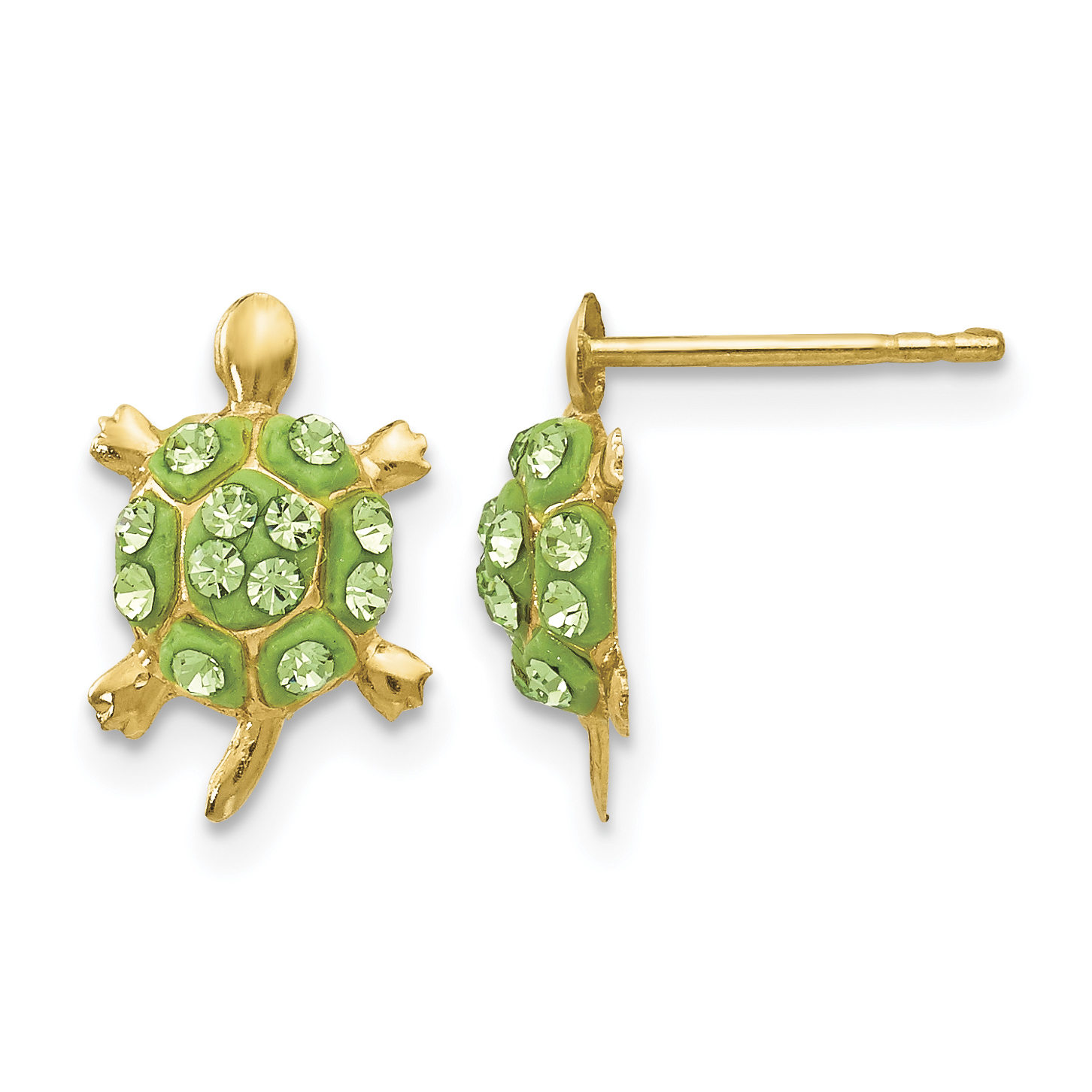 Crystal Light Green Turtle Post Earrings Real 14k Yellow Gold 12x8mm Women's main product image
