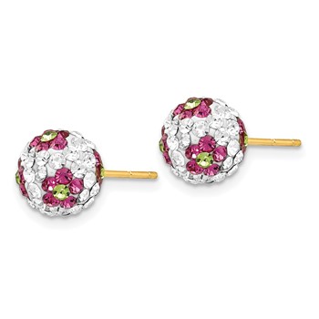 14k 8mm Pink/White/Green Crystal Flowers Round Ball Post Earrings — alternate view
