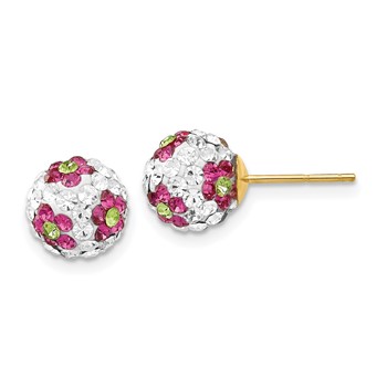 14k 8mm Pink/White/Green Crystal Flowers Round Ball Post Earrings