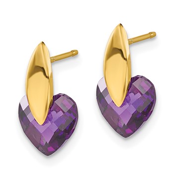 14ky Polished Purple CZ Heart Post Earrings — alternate view