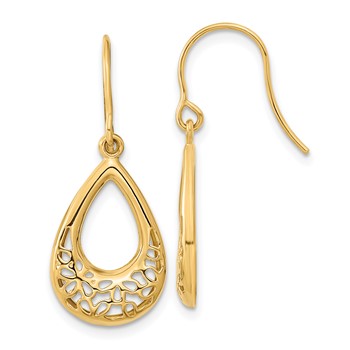 14k Polished Filigree Teardrop Dangle French Hook Earrings