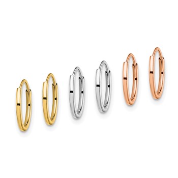 14K Tri-Color 3-pair 1.1x10mm Endless Tube Hoop Earring Set — alternate view