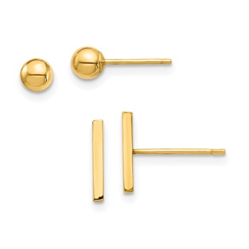 14K Set of Two Pair Bar and 3mm Ball Post Earrings