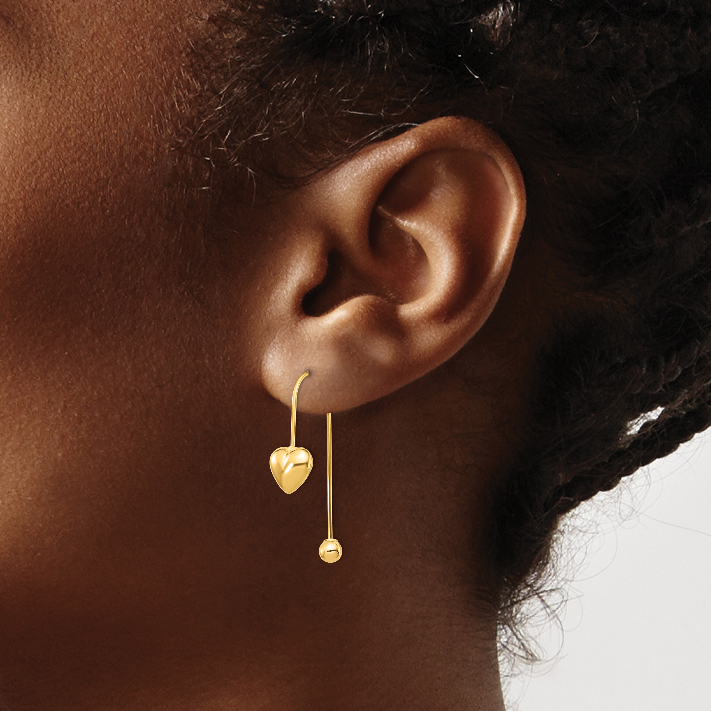 Puffed Heart with Screw-on Bead Threader Earrings 14k Yellow Gold 28.65x7.8mm detailed image 3