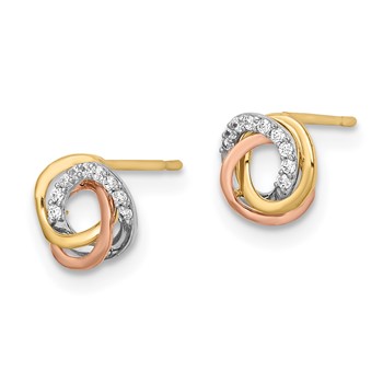 14k Tri-color 7mm CZ Circles Love Knot Post Earrings — alternate view