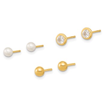 14K Polished 3.5mm Ball/3-4mm Freshwater Cultured Pearl/4.5mm CZ Bezel Set of 3 Pair Post Earrings — alternate view