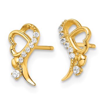 14k Yellow Gold Polished CZ and Heart Post Earrings — alternate view