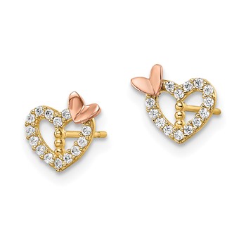 14k Two-tone CZ Heart with Butterfly Post Earrings — alternate view