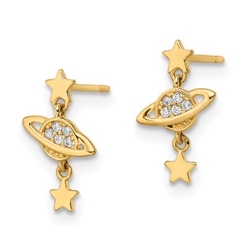 14k CZ Saturn and Stars Dangle Post Earrings — alternate view