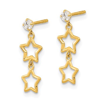 14K Polished Two Star with CZ Dangle Post Earrings — alternate view