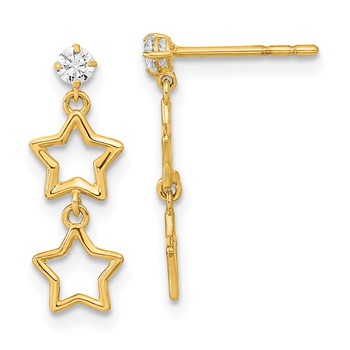 14K Polished Two Star with CZ Dangle Post Earrings