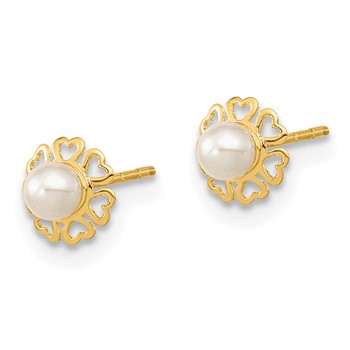 14K Polished Small Heart Petals with Freshwater Cultured Pearl Post Earrings — alternate view