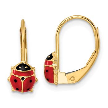 14k Polished Red and Black Enameled Ladybug Leverback Earrings