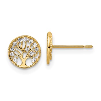 14k CZ Tree of Life in Circle Post Earrings