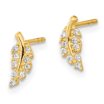 14K Polished Leaf CZ Post Earrings — alternate view