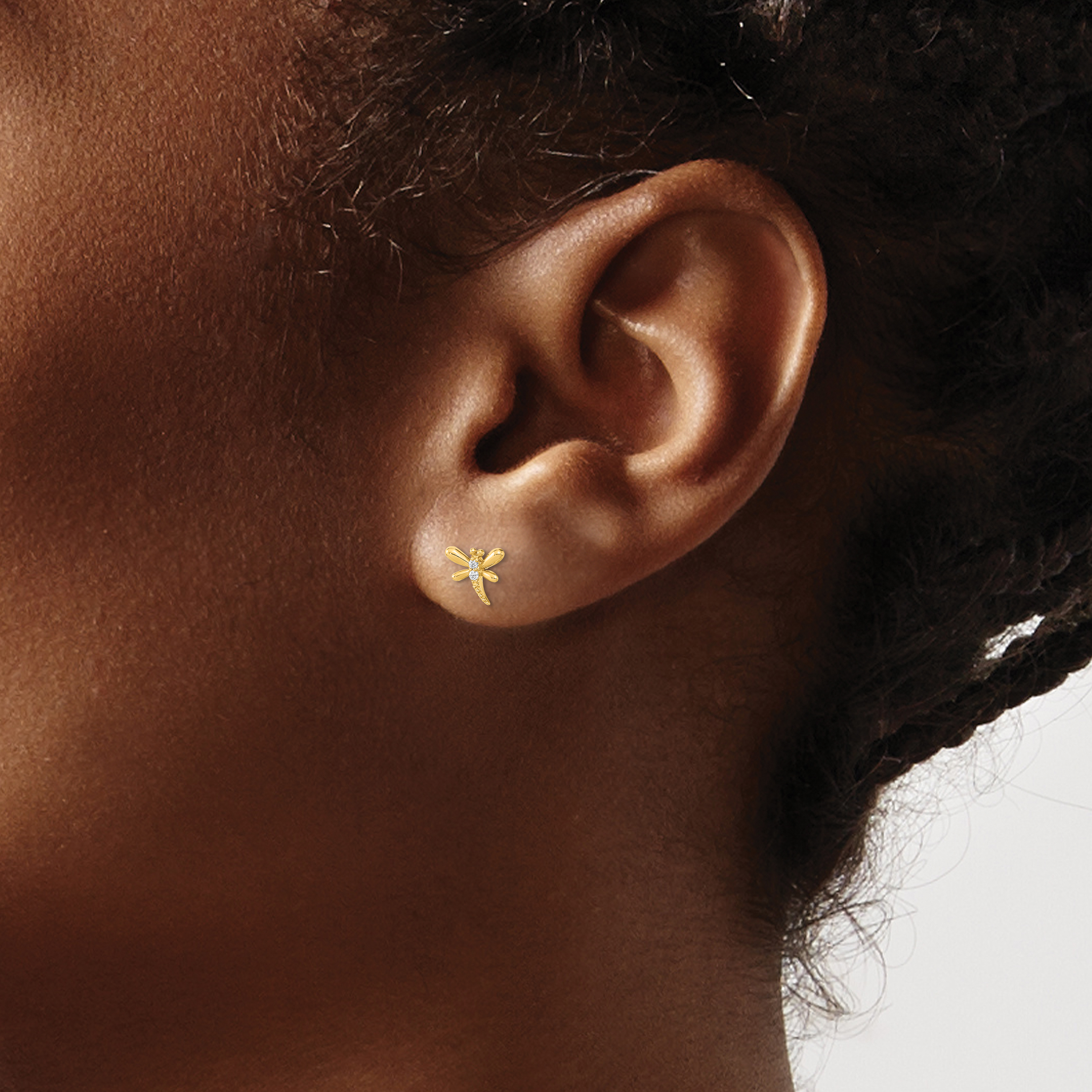 CZ Dragonfly Post Earrings Real 14k Yellow Gold 5.65x6.25mm Women's Animal detailed image 3