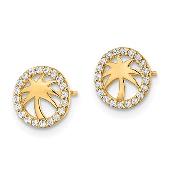 14k Polished CZ Palm Tree in Circle Post Earrings — alternate view