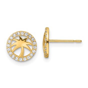 14k Polished CZ Palm Tree in Circle Post Earrings