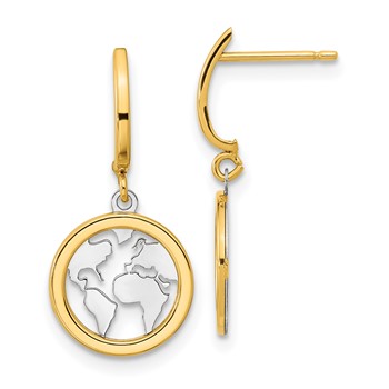 14K and White Rhodium Polished Earth Dangle Post Earrings