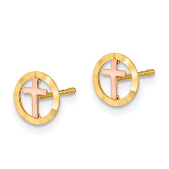 14K Two-tone Circle with Cross Post Earrings — alternate view