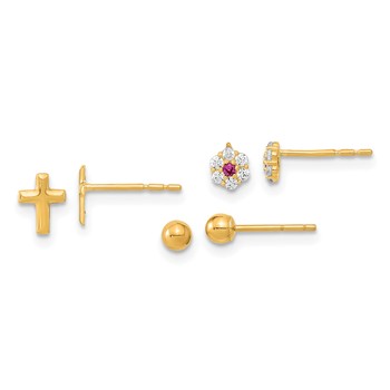 14K Polished 3mm Ball/Red and White CZ Flowers/Cross 3-Pair Post Earrings Set