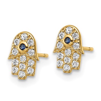14k Small CZ and Blue Glass Stone Hamsa Post Earrings — alternate view