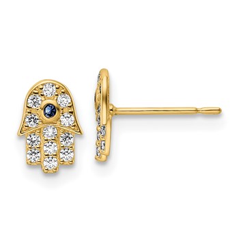 14k Small CZ and Blue Glass Stone Hamsa Post Earrings