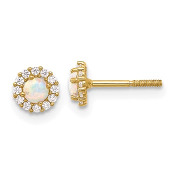 14K Polished CZ and Lab Created Opal Halo Screwback Post Earrings