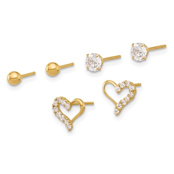 14K Polished 4mm CZ/3mm Ball/CZ Heart Post Set 3 Pair Earrings — alternate view