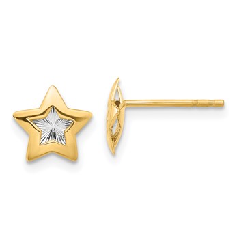 14K and White Rhodium Polished Diamond-cut Star Post Earrings