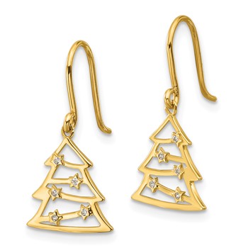 14k Polished CZ Christmas Tree French Hook Dangle Earrings — alternate view