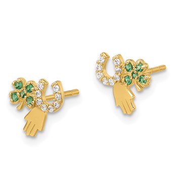 14K Green and Clear CZ Clover Horseshoe and Hamsa Post Earrings — alternate view
