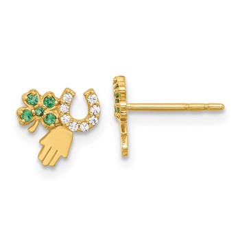 14K Green and Clear CZ Clover Horseshoe and Hamsa Post Earrings