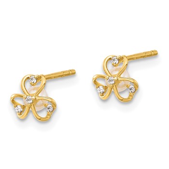 14K CZ and Freshwater Cultured Pearl Clover Post Earrings — alternate view