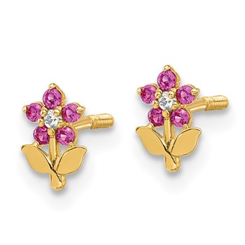 14K Polished Dark Pink and White CZ Flower Screwback Post Earrings — alternate view