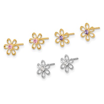 14K Yellow and White Gold Multi-color CZ Flower 3-pair Post Earring Set — alternate view