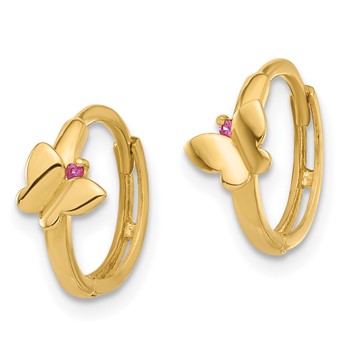 14K Polished Pink CZ Butterfly Round Hinged Hoop Earrings — alternate view