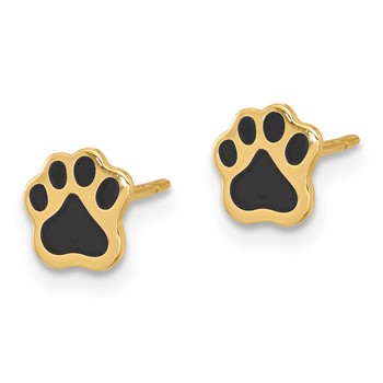 14K Polished Paw with Black Enamel Post Earrings — alternate view