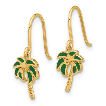 14k Polished Green Enameled Palm Tree Dangle French Hook Earrings — alternate view