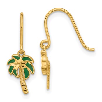 14k Polished Green Enameled Palm Tree Dangle French Hook Earrings