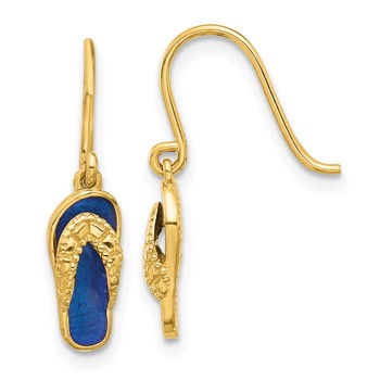 14k Polished Blue Enameled Flip-Flop French Hook Dangle Earrings