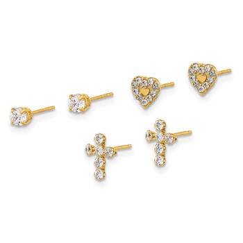14K Polished 3mm CZ/Cross/Heart 3-Pair Post Earring Set — alternate view