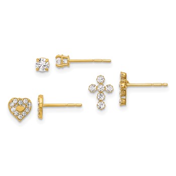 14K Polished 3mm CZ/Cross/Heart 3-Pair Post Earring Set