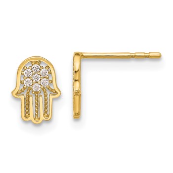 14K Polished Mini CZ Hamsa Post Earrings