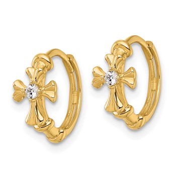 14k Polished CZ Cross Round Hinged Hoop Earrings — alternate view