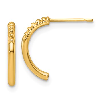 14k Polished and Beaded J-Hoop Post Earrings