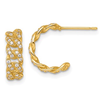 14k Polished CZ Curb Link C-Hoop Post Earrings